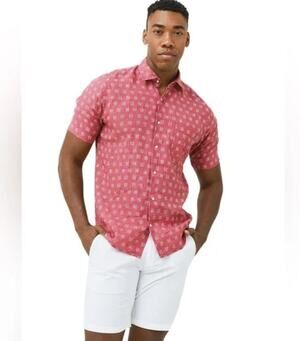 Peter Millar Seaside Kiva Beach 100% Linen Shirt Mens XL Fruit Punch Casual Top